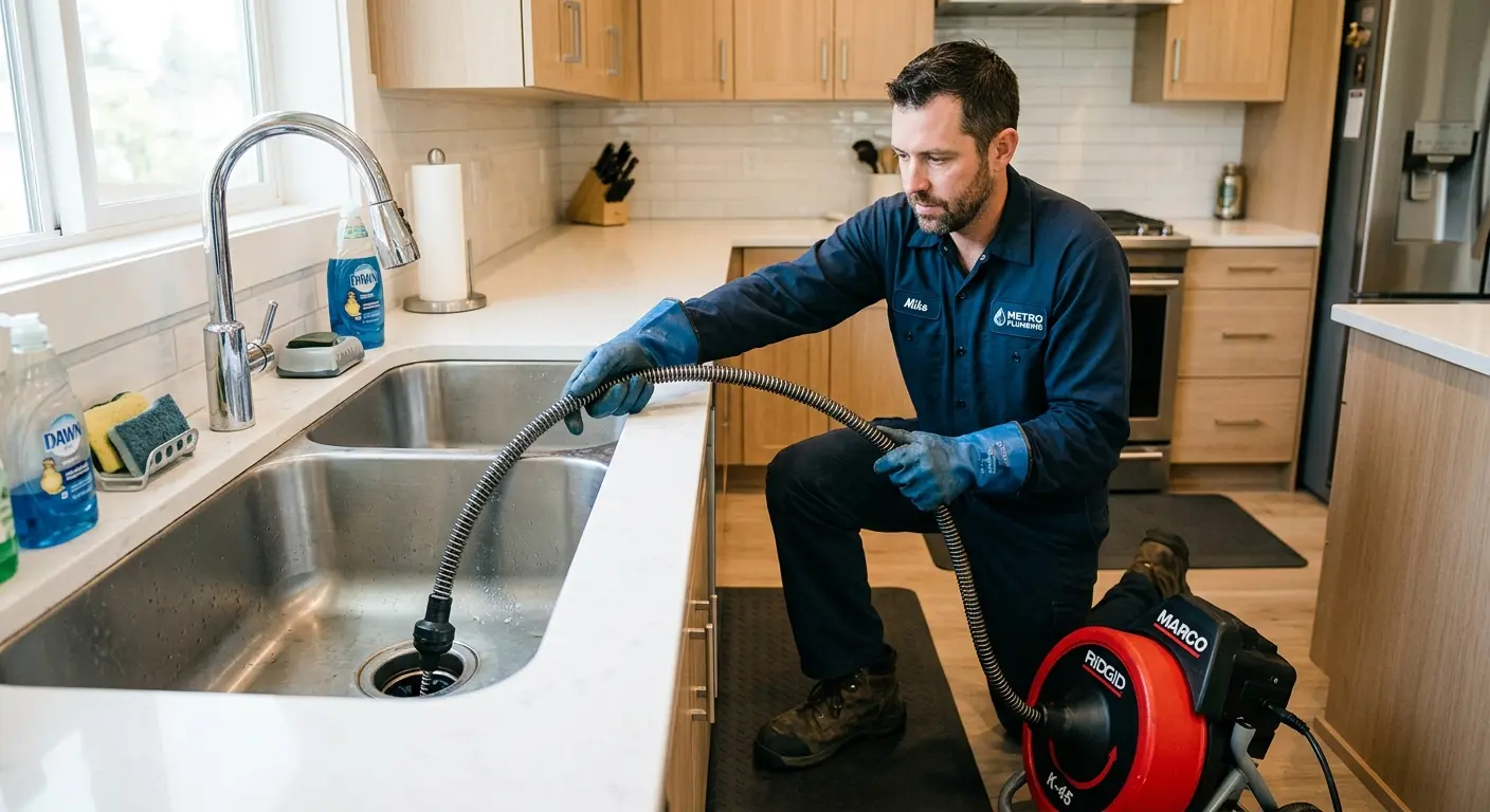 Drain cleaning technician using a motorized snake on a kitchen sink in Clearfield