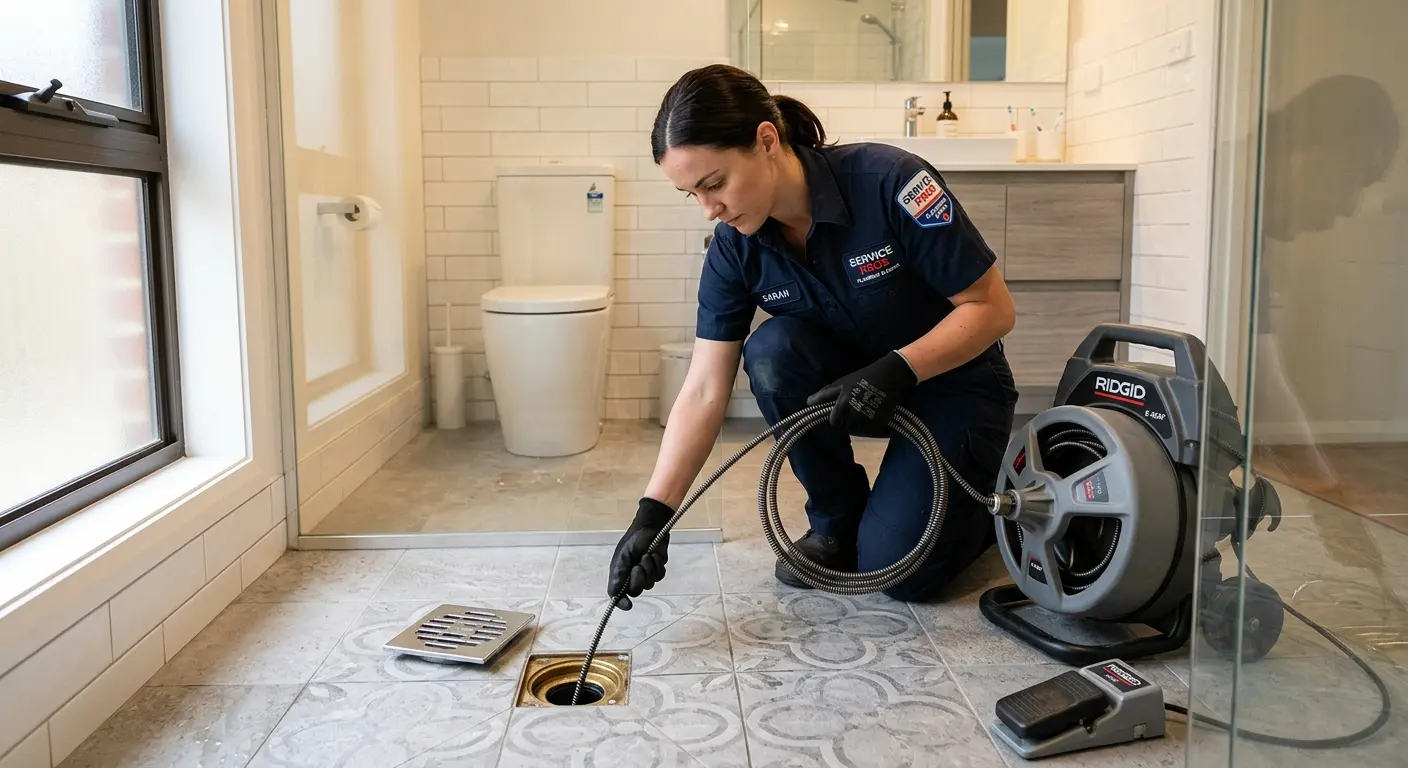 Technician clearing a bathroom floor drain for Sewer Line Replacement in Clearfield